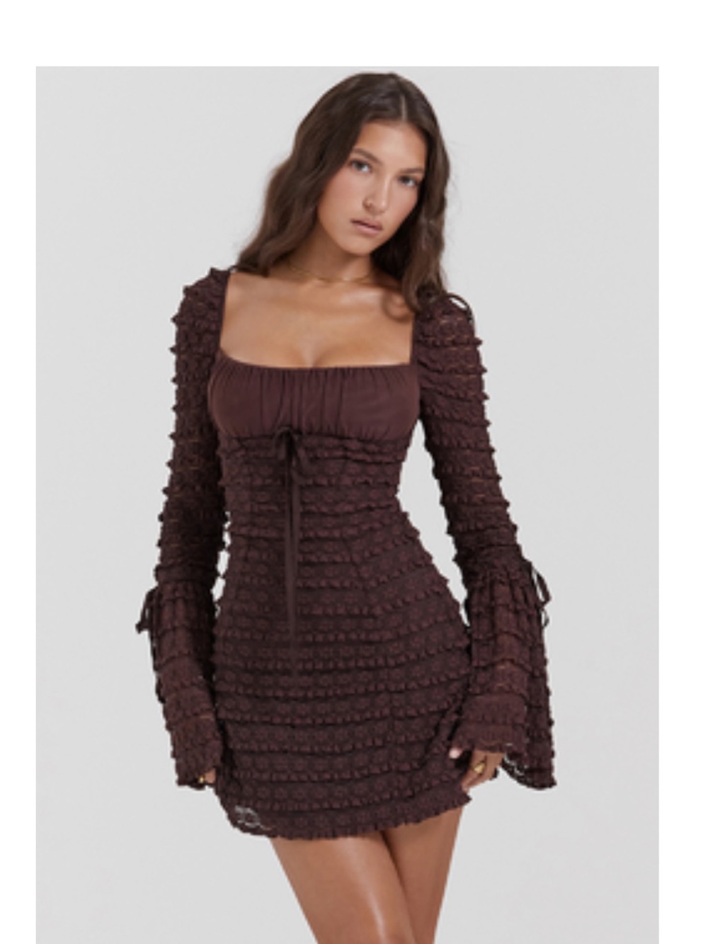 House of CB Chocolate Brown Ruffled Long-Sleeve Mini Dress